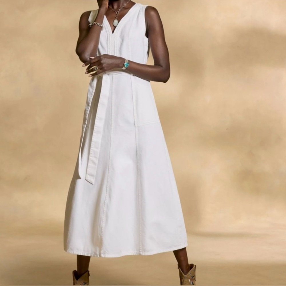 NWT Sundance Poppy Denim Dress Sleeveless Belted 100% Cotton Sz 12 white denim - Picture 2 of 7